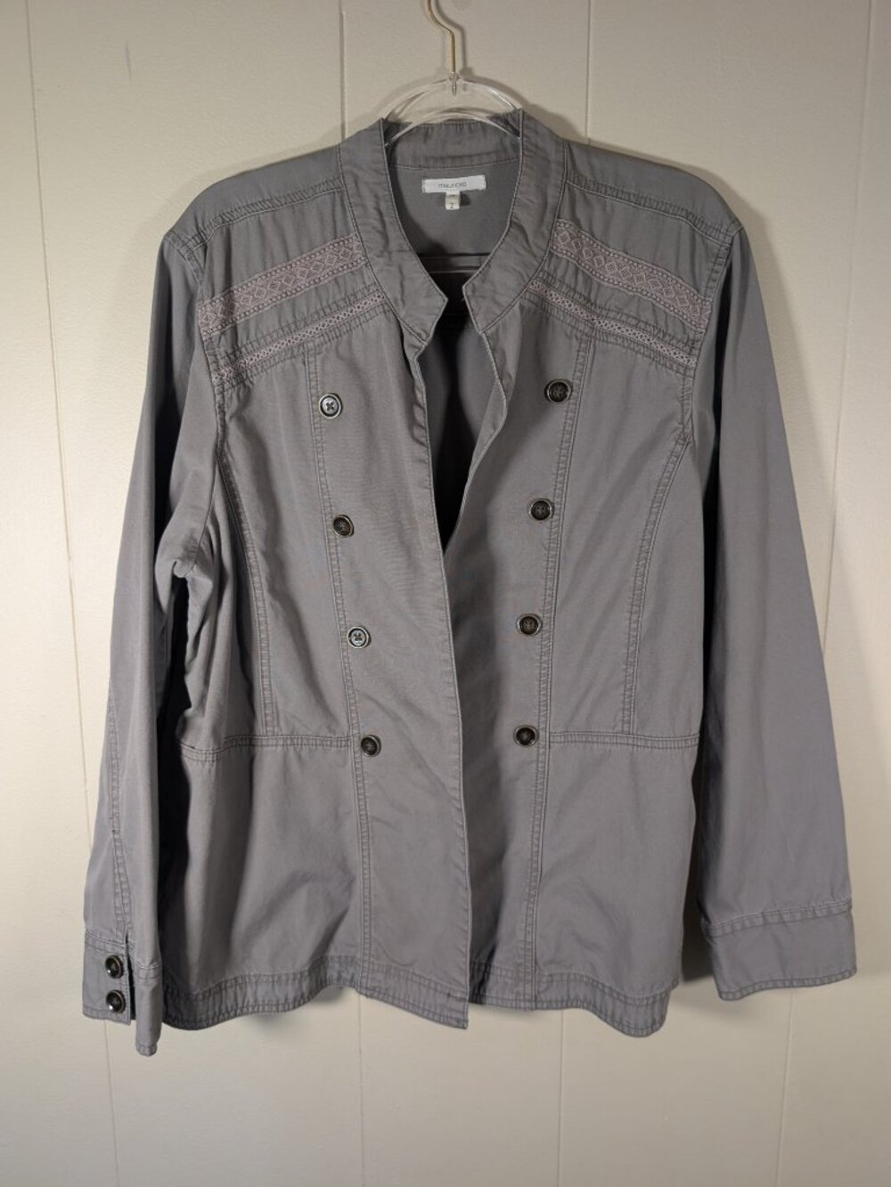 BOHO Maurices Gray Military Utility Jacket Size 2 Lace Trim Button Front